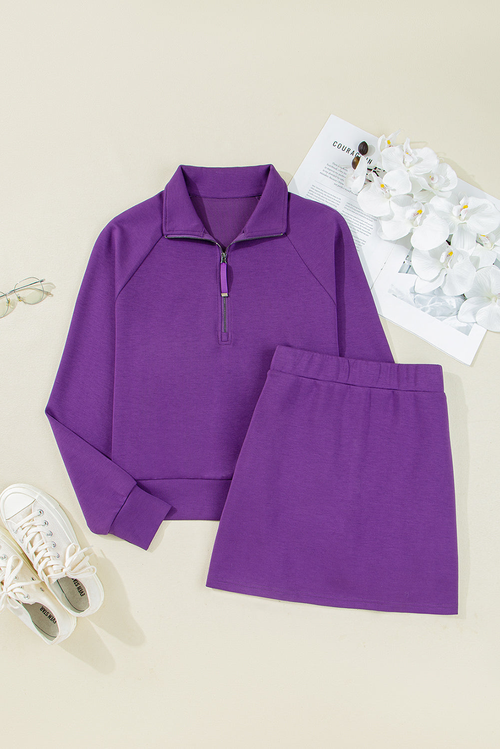 Solid Half-Zip Pullover & Mini Skort Set